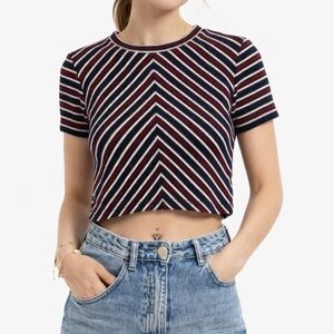 ZARA Trafaluc Striped Knit Crop Top Navy Red White Size M